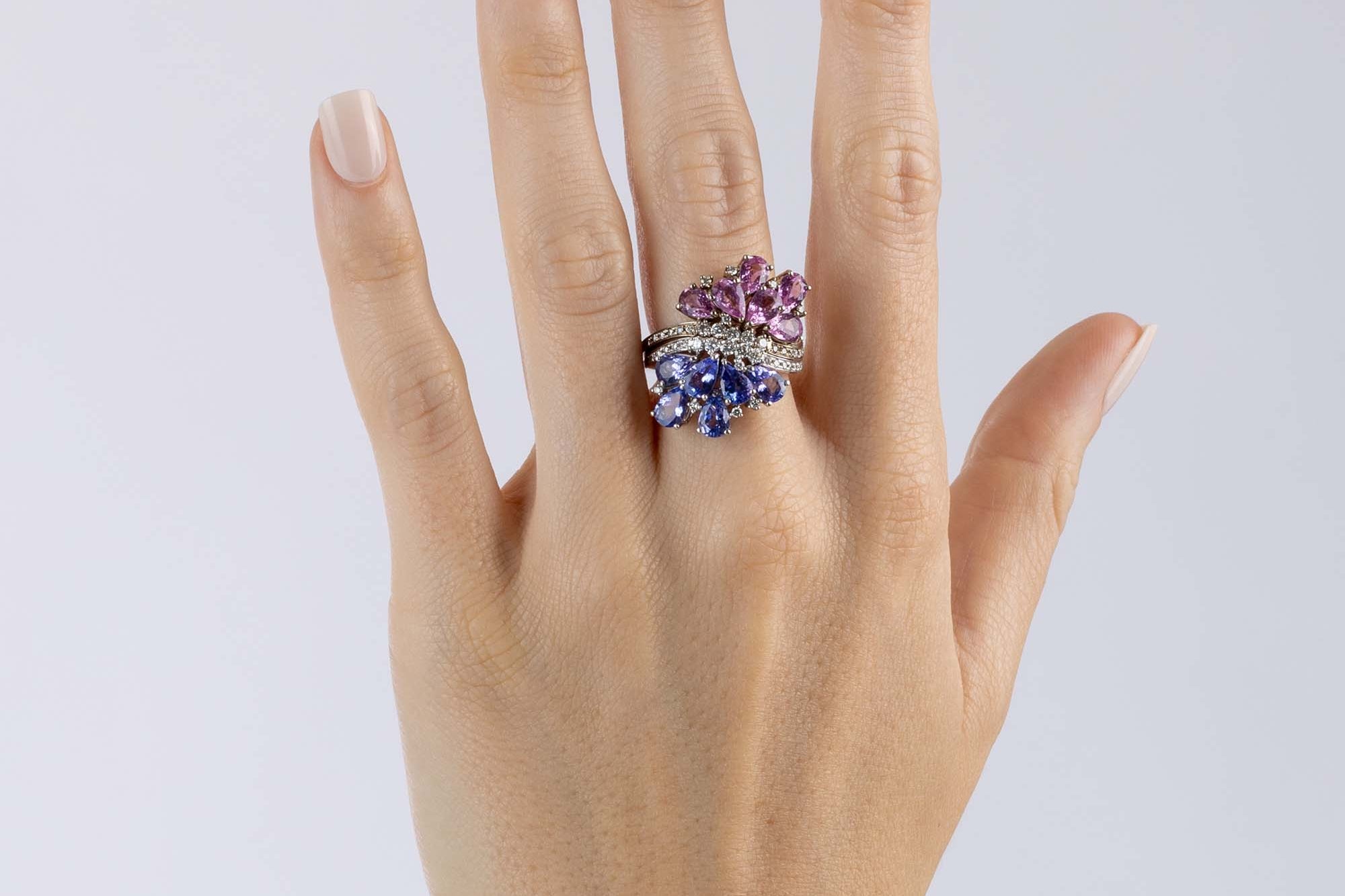 Diamond Ring: Rhodium Plated Gold and Pink Sapphire, White Gold and Tanzanite, Large - Model shot