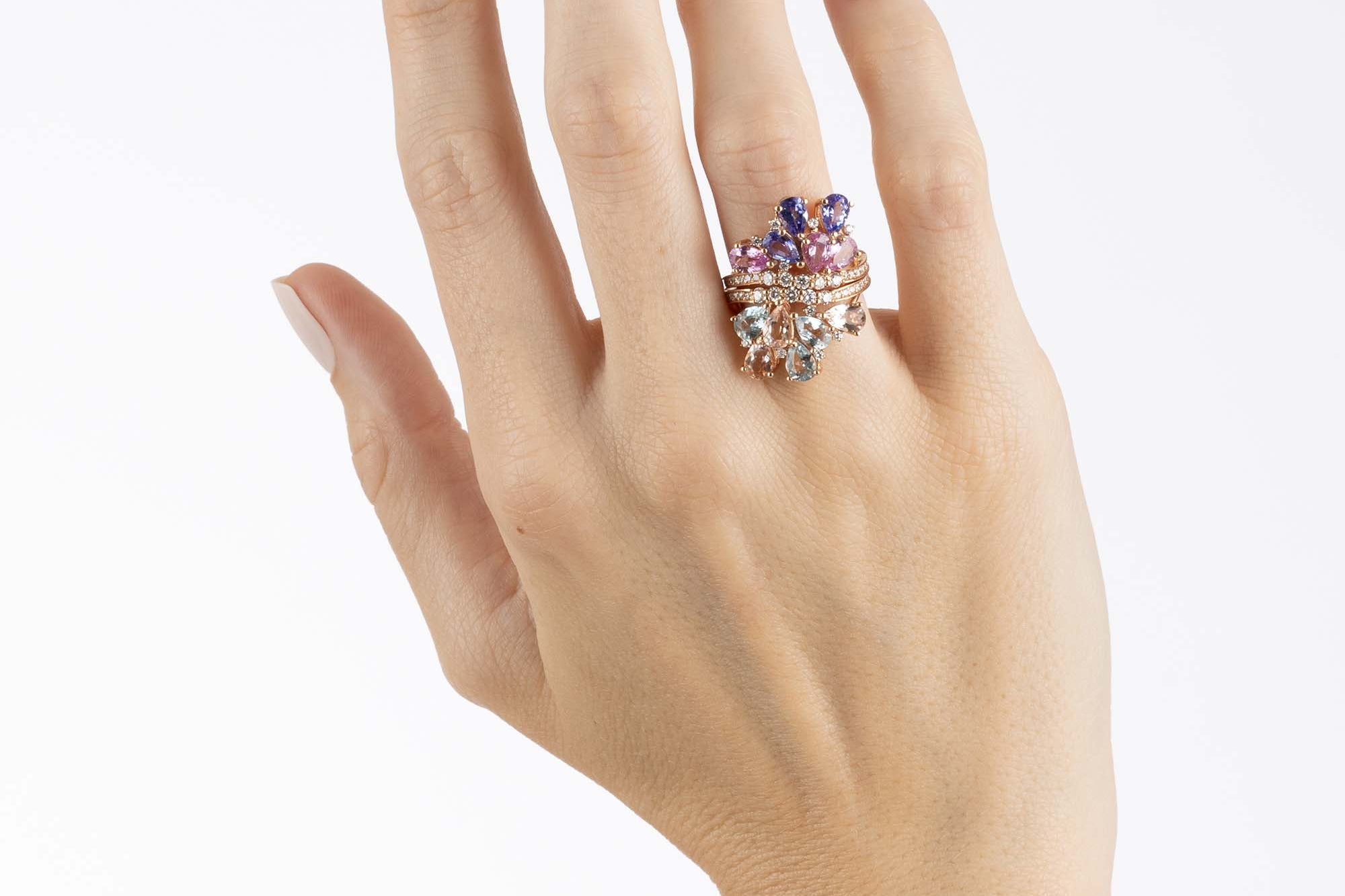 Rose Gold and Diamond dual Ring - Blue and Pink Sapphire, Morganite and Topaz, Large - Model shot