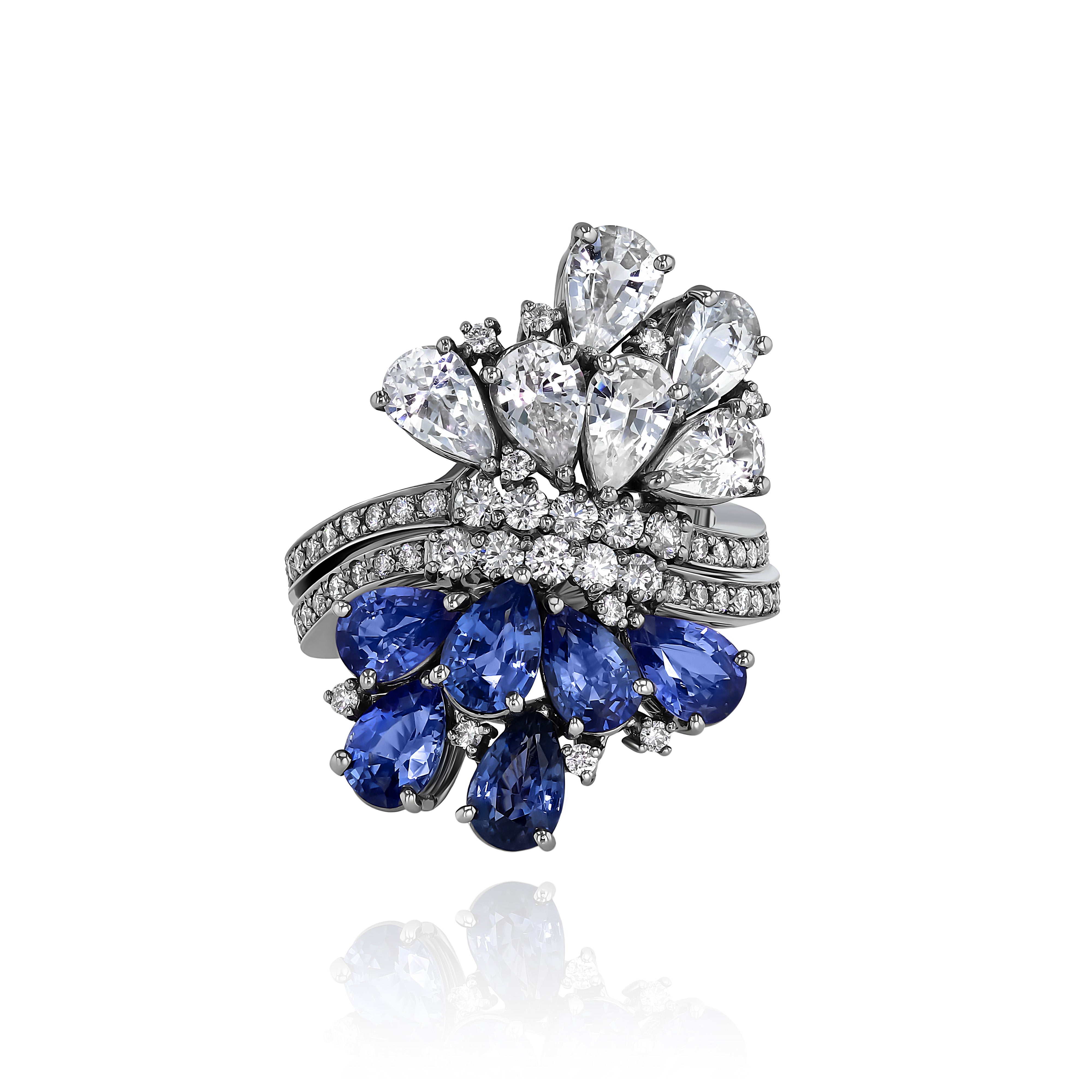 Rhodium Plated Gold and Diamond dual Ring - half Blue Sapphire, half White Sapphire, Large