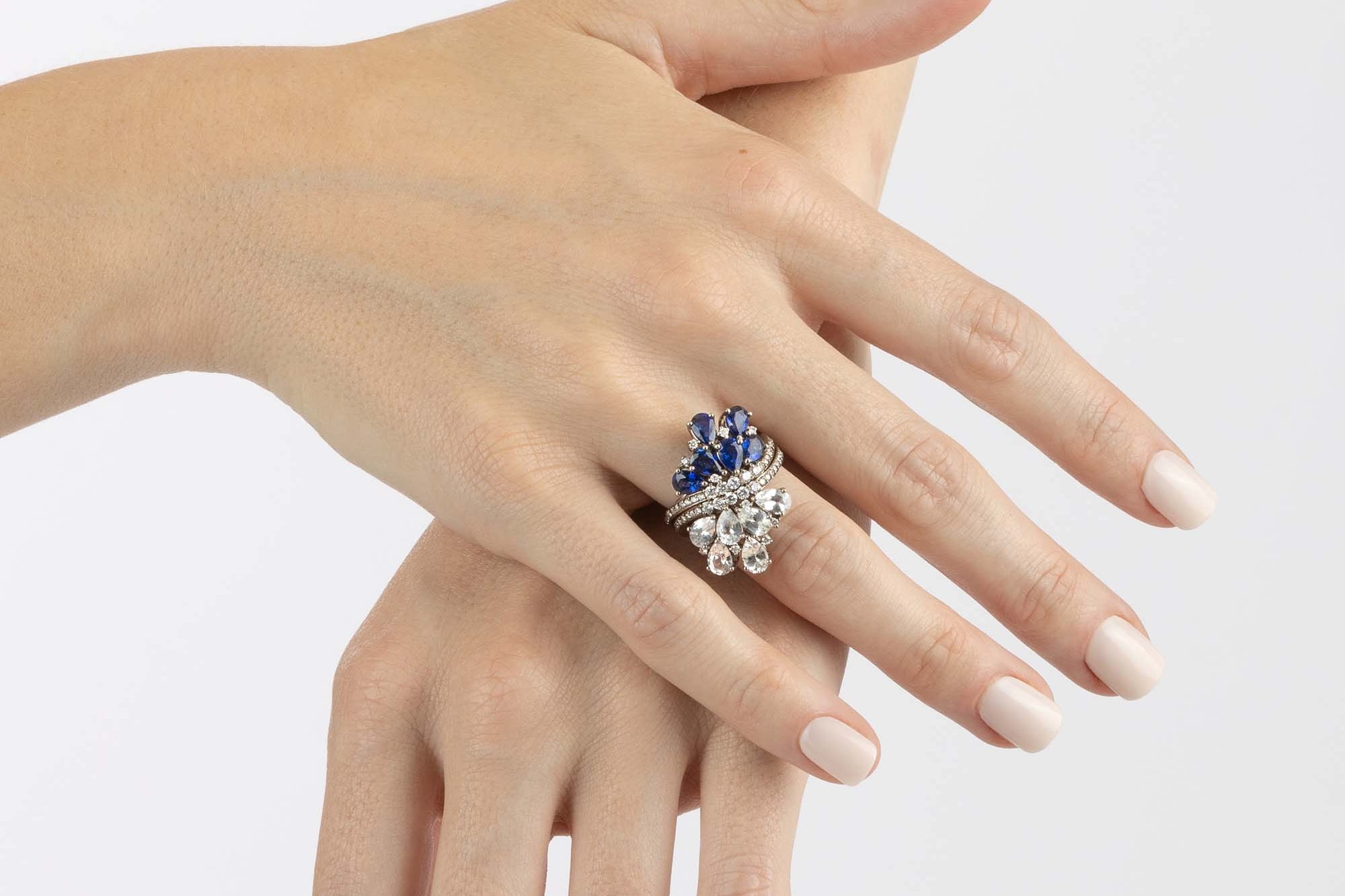Rhodium Plated Gold and Diamond dual Ring - Blue Sapphire and White Sapphire, Large - Model shot